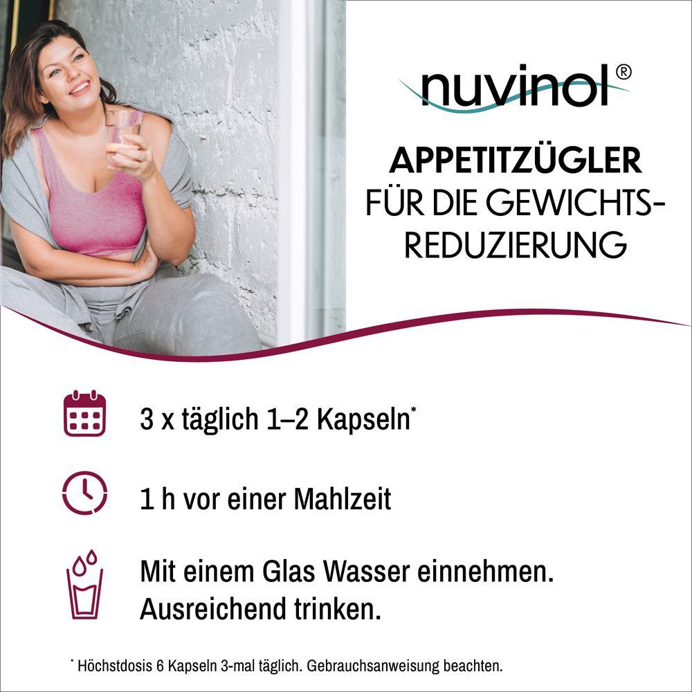 Frau trinkt Wasser, Nuvinols Packung. Einnahme: 1-2 Kapseln, 3x täglich.