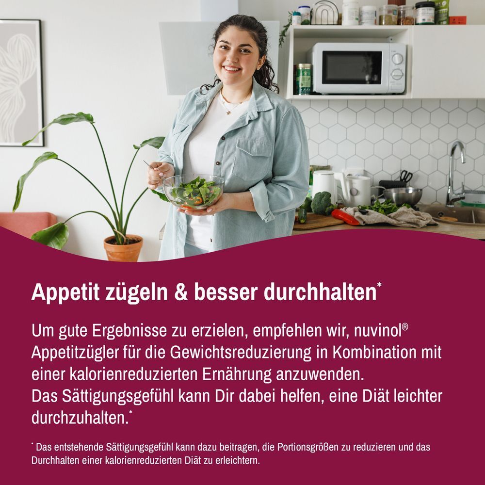 Frau in Küche mit Salat, Nuvinols Logo. Text: Appetit zügeln & besser durchhalten.
