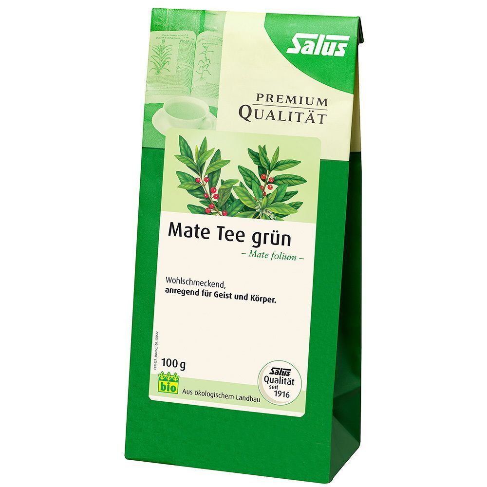 Grüne Salus Mate Tee Packung. Aufschrift: Mate Tee grün, Premium Qualität, 100g, Bio-Siegel.