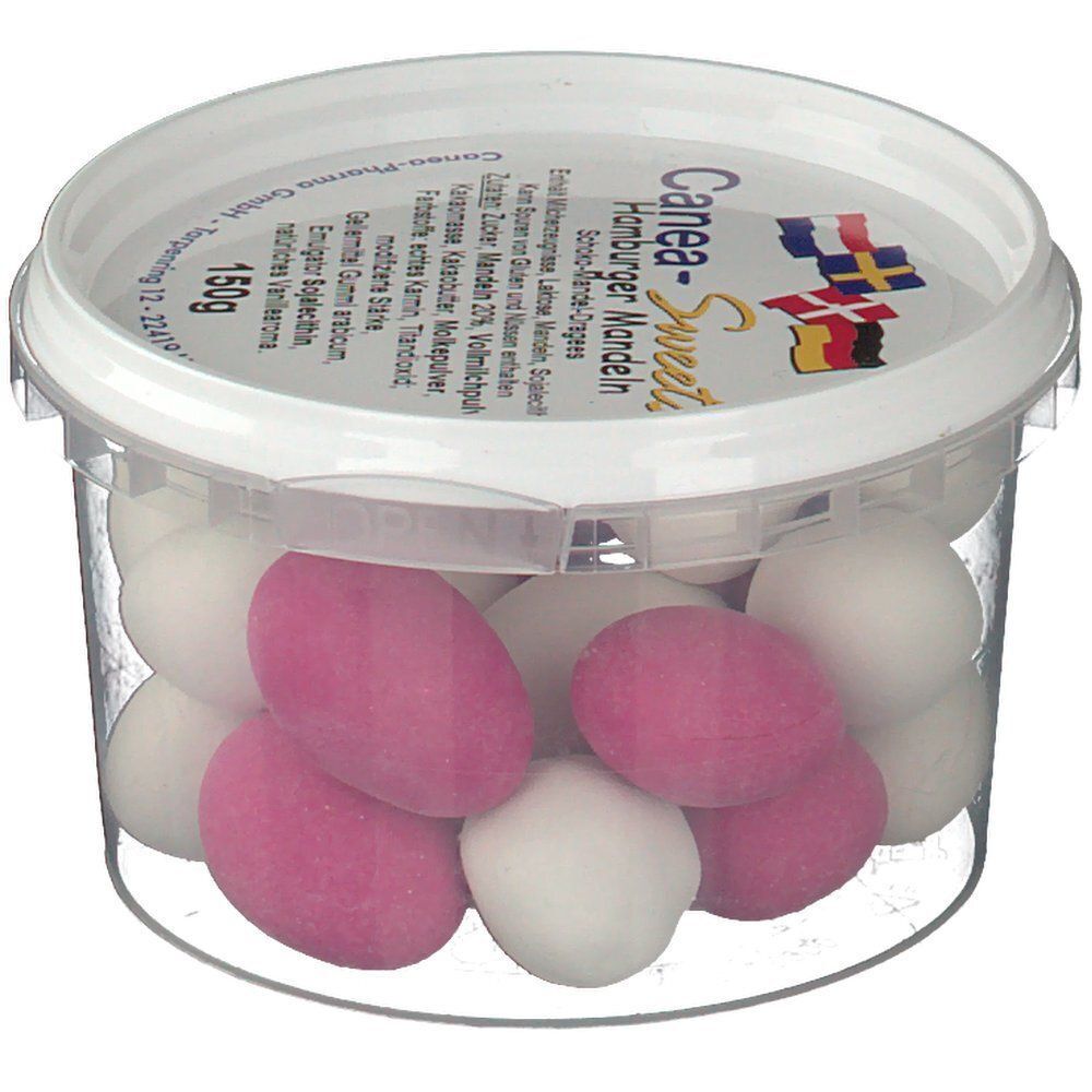 Transparenter Behälter mit Hamburger Mandeln. Rosa und weiße dragierte Mandeln. Auf dem Deckel steht "Canea-Sweets" und 150g.