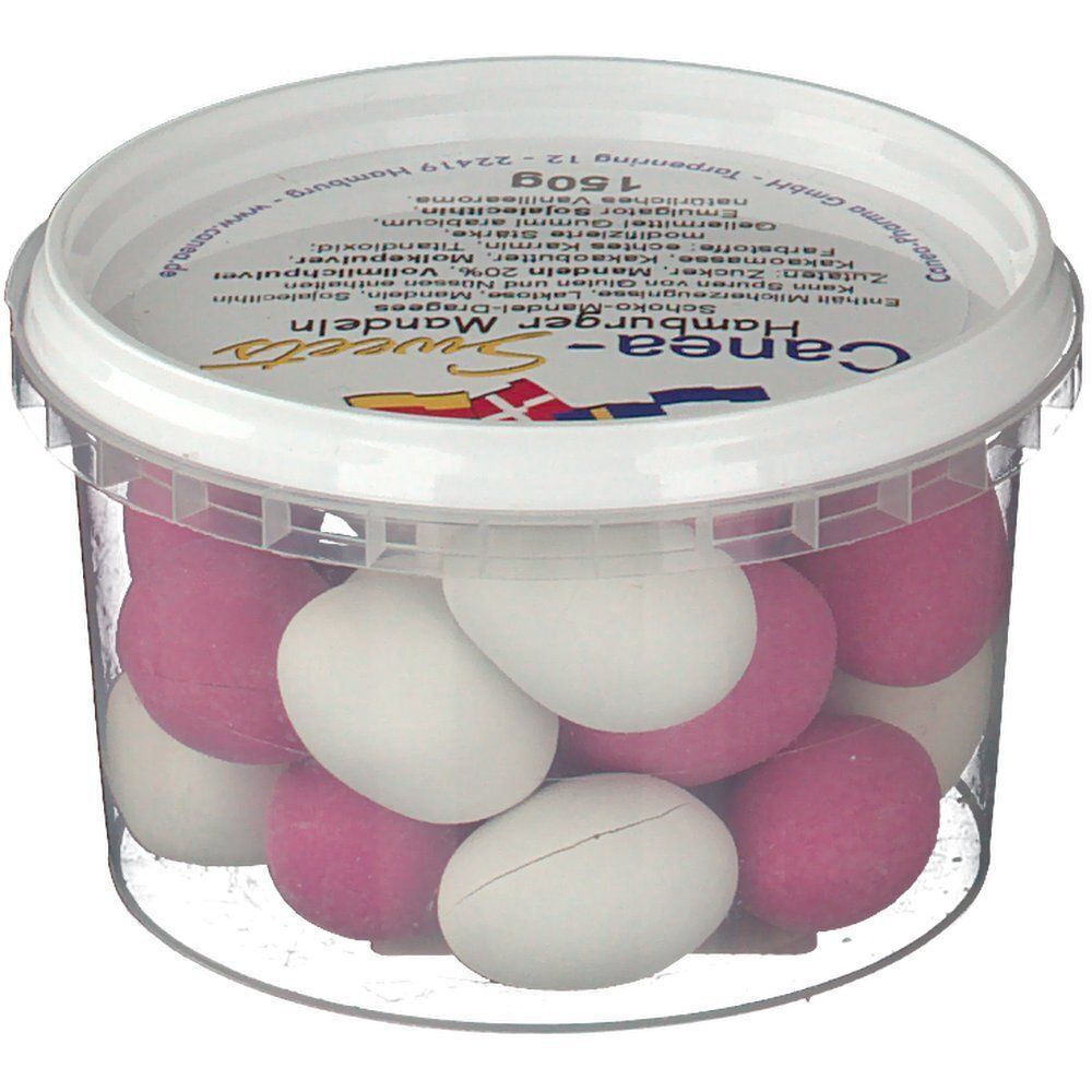 Transparenter Behälter mit Hamburger Mandeln. Rosa und weiße dragierte Mandeln. Auf dem Deckel steht "Canea-Sweets" und 150g.