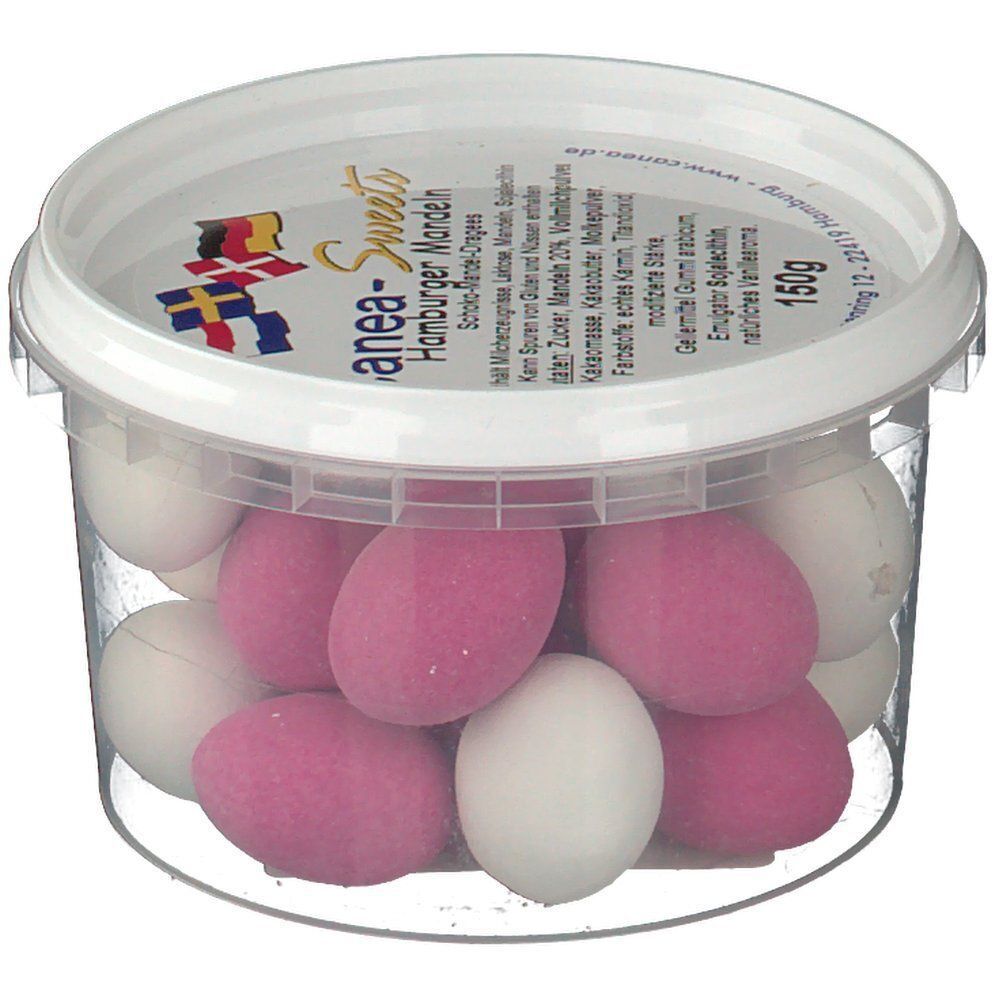 Transparenter Behälter mit Hamburger Mandeln. Rosa und weiße dragierte Mandeln. Auf dem Deckel steht "Canea-Sweets" und 150g.
