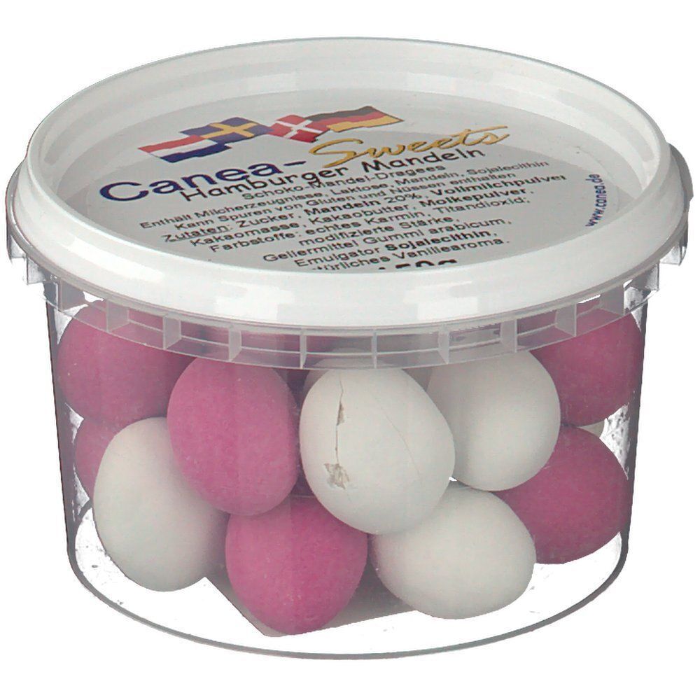 Transparenter Behälter mit Hamburger Mandeln. Rosa und weiße dragierte Mandeln. Auf dem Deckel steht "Canea-Sweets" und 150g.