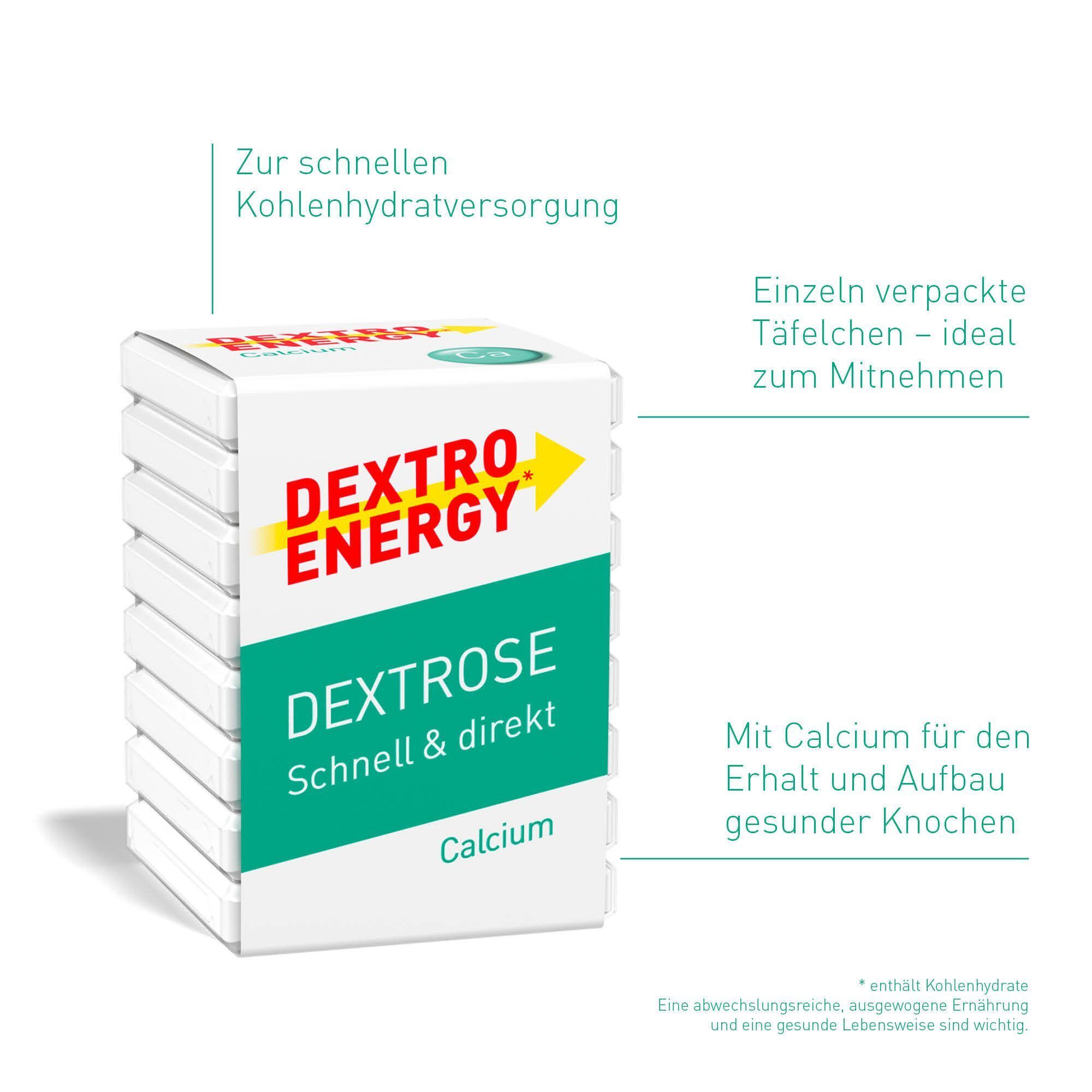 Eine Packung Dextro Energy Würfel. Weiße Verpackung mit rotem und gelbem Logo. Text: Dextrose, Calcium. Text-Hinweise.