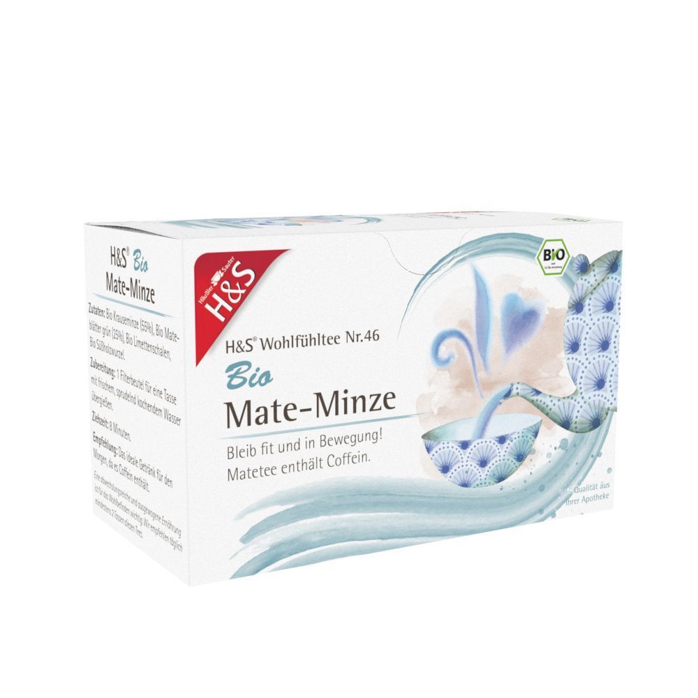 H&S Bio Mate-Minze Filterbeutel Packung. Weißer Karton mit blauem Design, Logo, Produktname, Bio-Siegel. Perspektivische Ansicht.