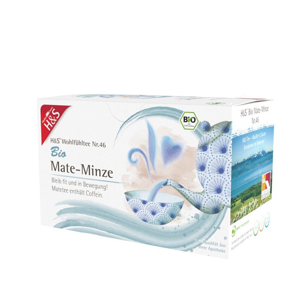 H&S Bio Mate-Minze Filterbeutel Packung. Weißer Karton mit blauem Design, Logo, Produktname, Bio-Siegel. Perspektivische Ansicht.
