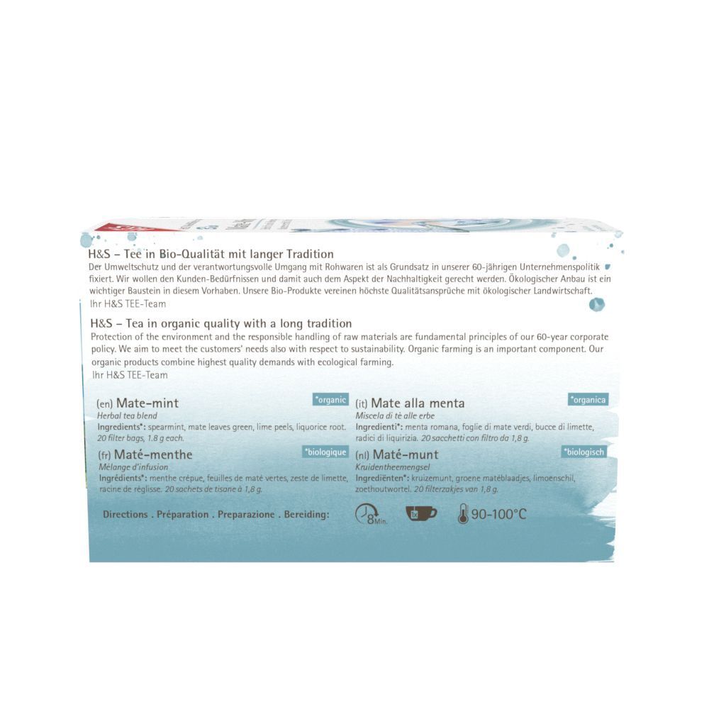 Rückseite der H&S Bio Mate-Minze Filterbeutel Packung. Text in Deutsch, Englisch, Französisch, Italienisch. Zutaten, Zubereitung.