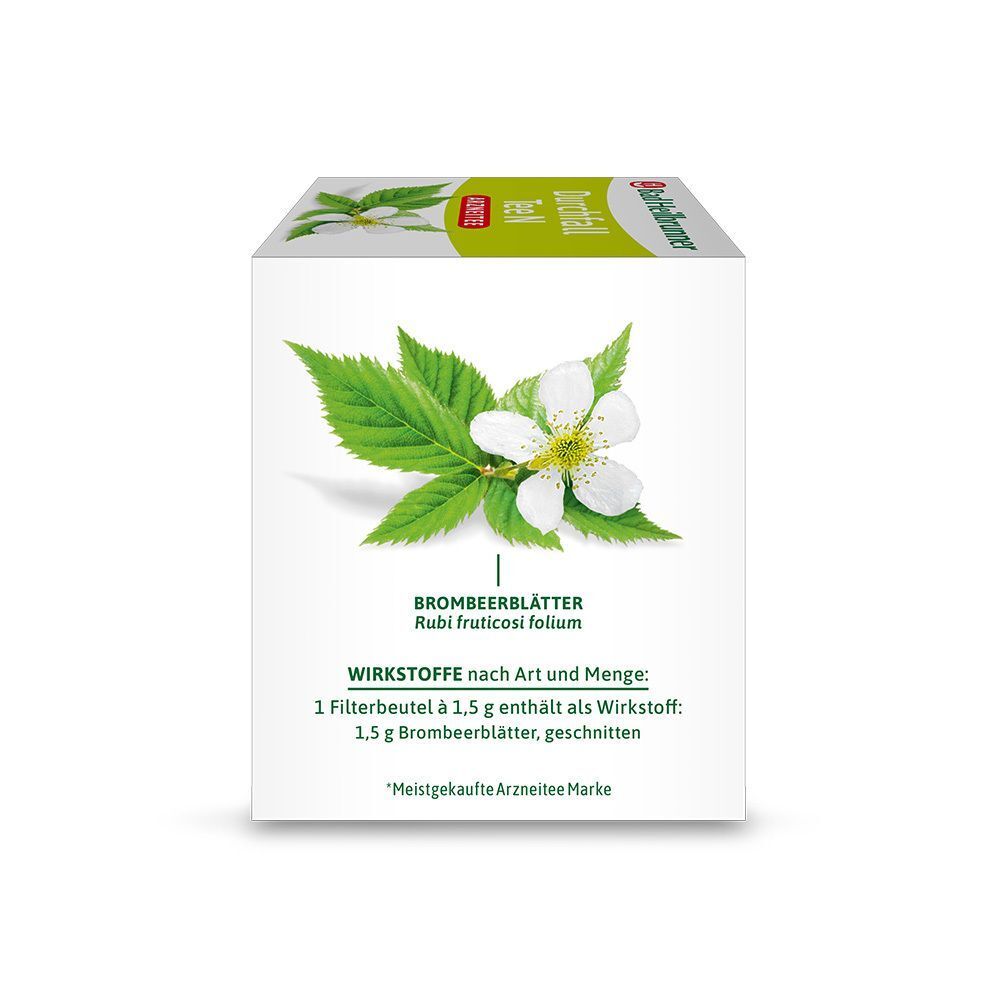 Bad Heilbrunner Durchfall Tee N Packung mit Brombeerblättern und Blüte.