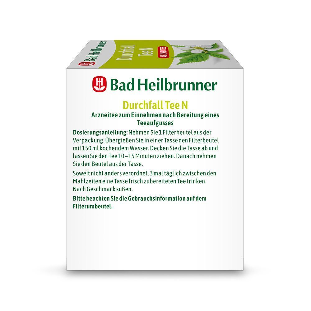 Rückseite einer Packung Bad Heilbrunner Durchfall Tee N mit Anwendungshinweisen.