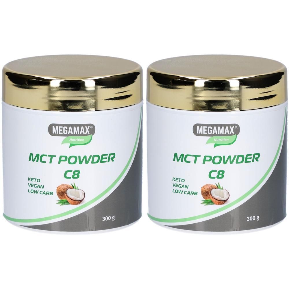 Zwei Dosen MCT-Öl-Pulver. Aufschrift: MEGAMAX, MCT POWDER C8, KETO, VEGAN, LOW CARB. Goldfarbener Deckel, weißer Behälter, 300 g.