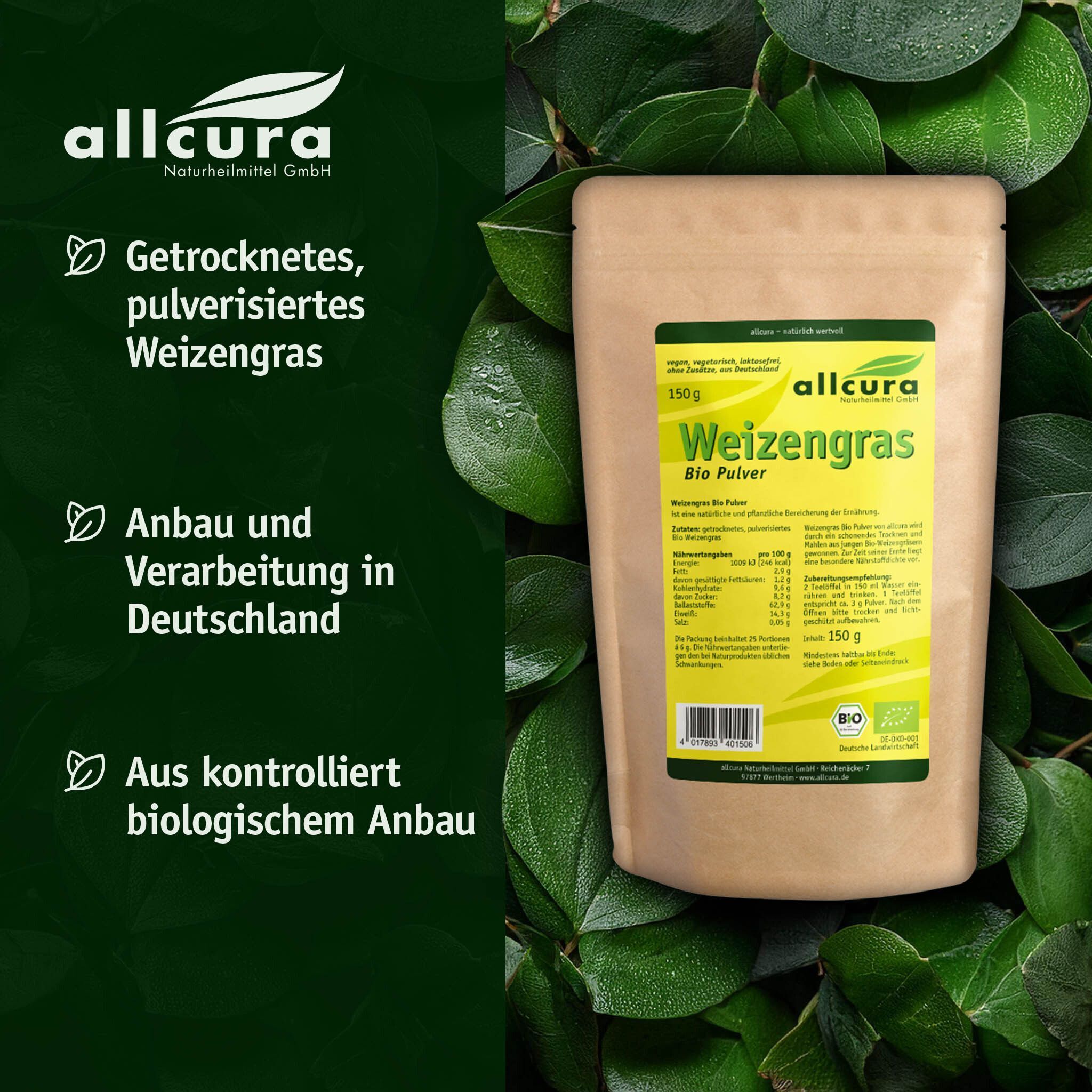 Beutel WEIZENGRAS PULVER KBA Bio auf Blättern. Braune Papierverpackung mit gelbem Etikett. Aufschrift: allcura, Bio Pulver, 150g. Bio-Siegel.