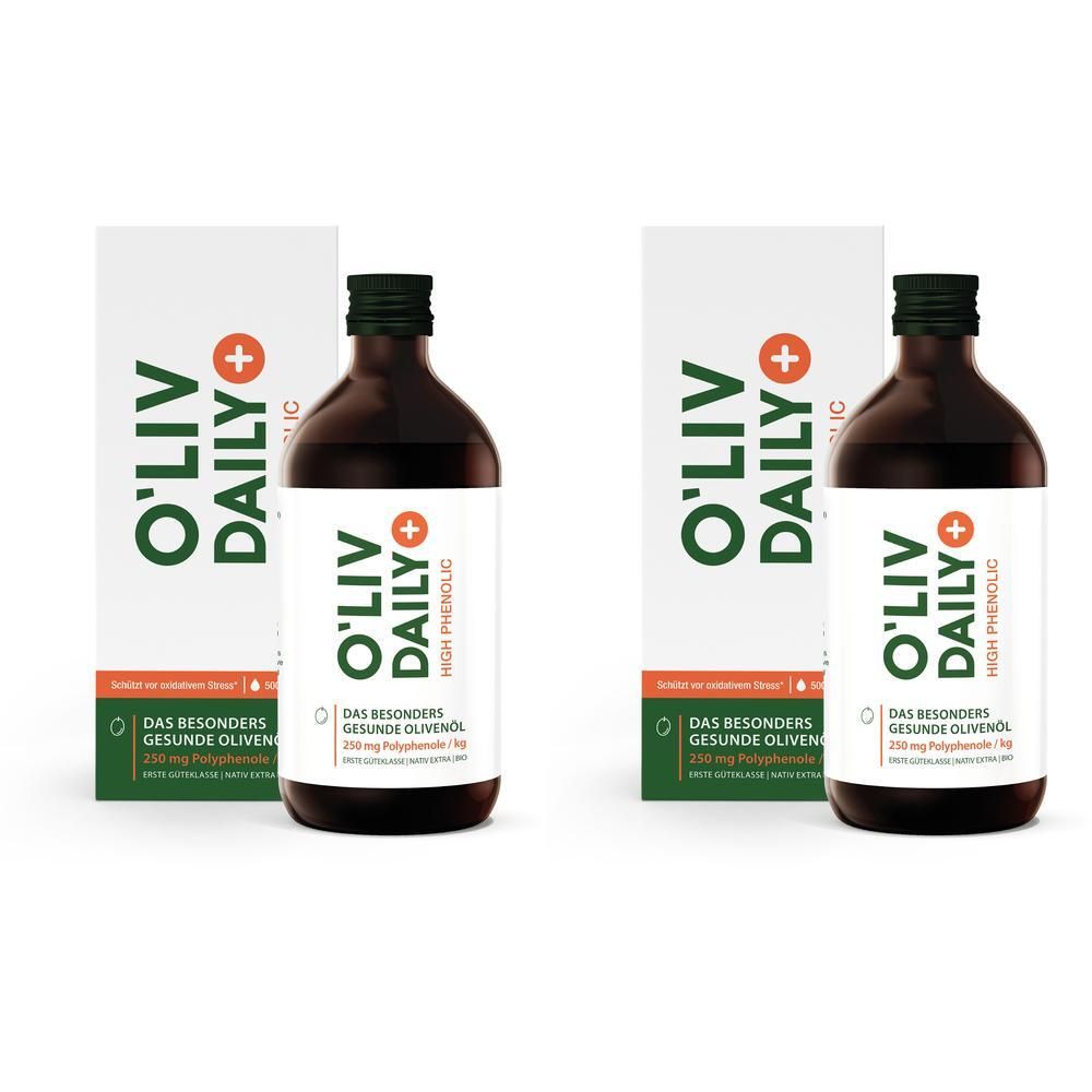 Zwei Flaschen O'Liv Daily High Phenolic Bio Olivenöl mit Verpackung. Braune Glasflaschen, weiße Etiketten, grüne Kappen.