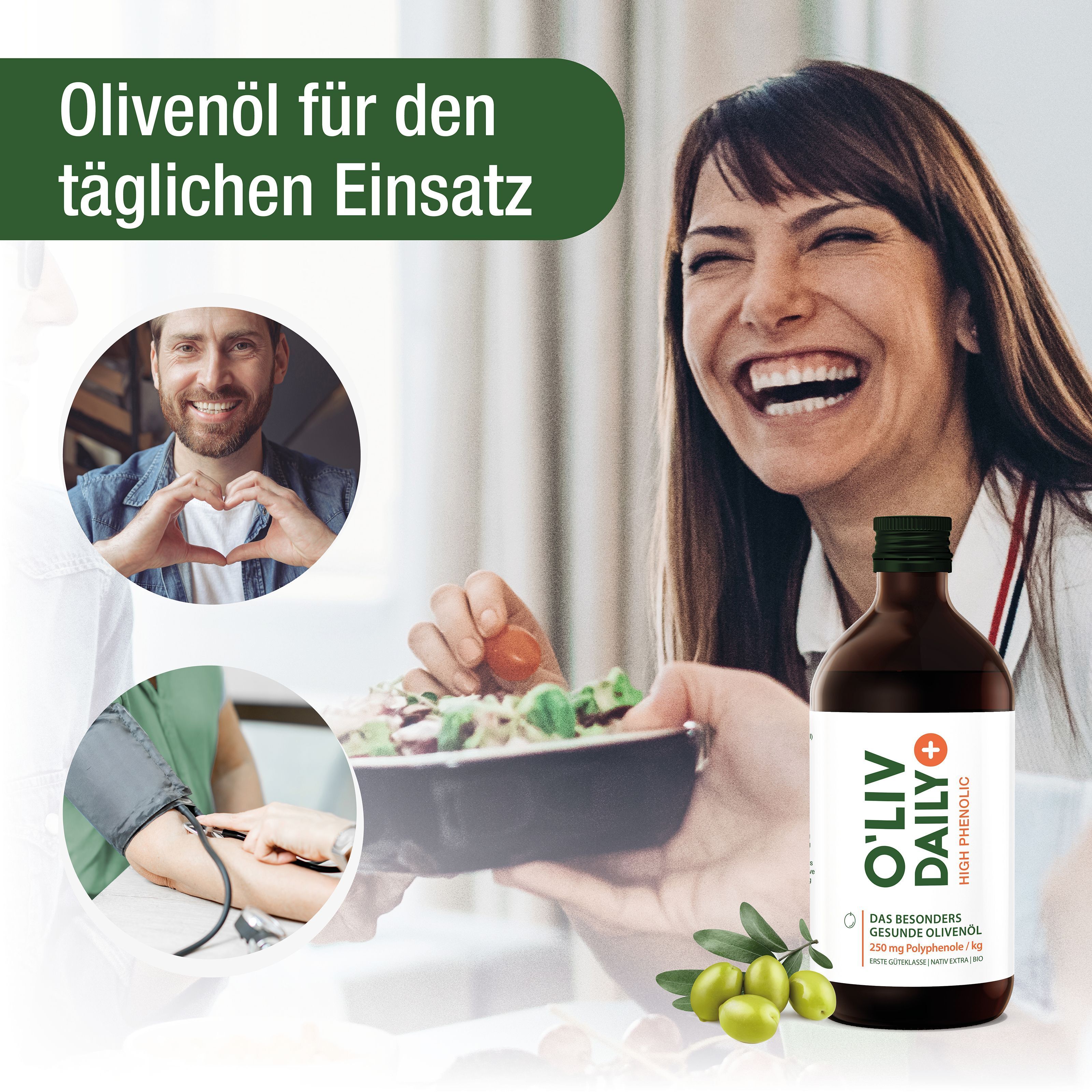 Frau mit Olivenölflasche, Oliven und Fotos. O'Liv Daily High Phenolic Olivenöl, braune Flasche, grüne Kappe, weißes Etikett.