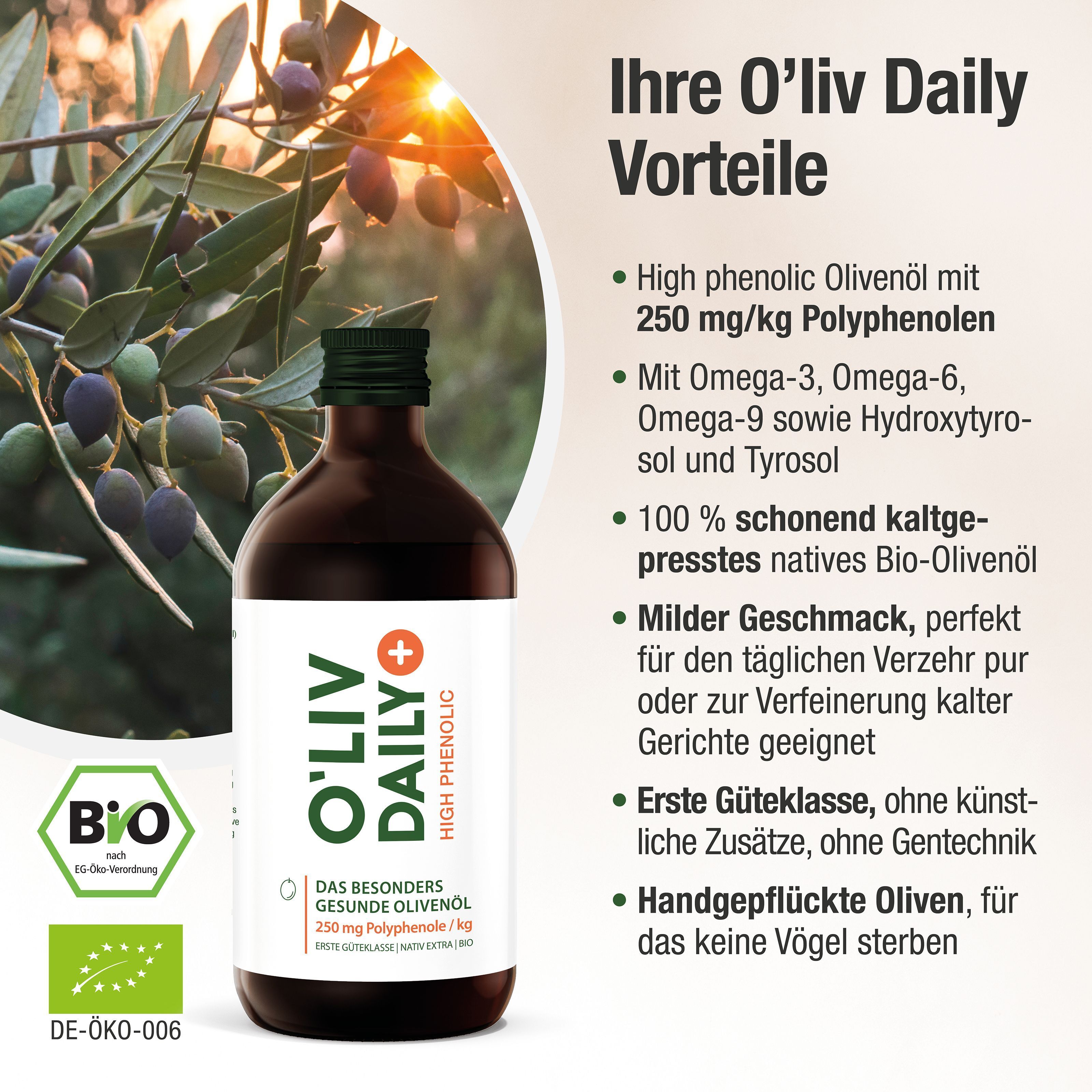 O'Liv Daily High Phenolic Olivenöl. Braune Flasche, grüne Kappe, weißes Etikett. Bio-Zertifizierung. 250 mg Polyphenole.