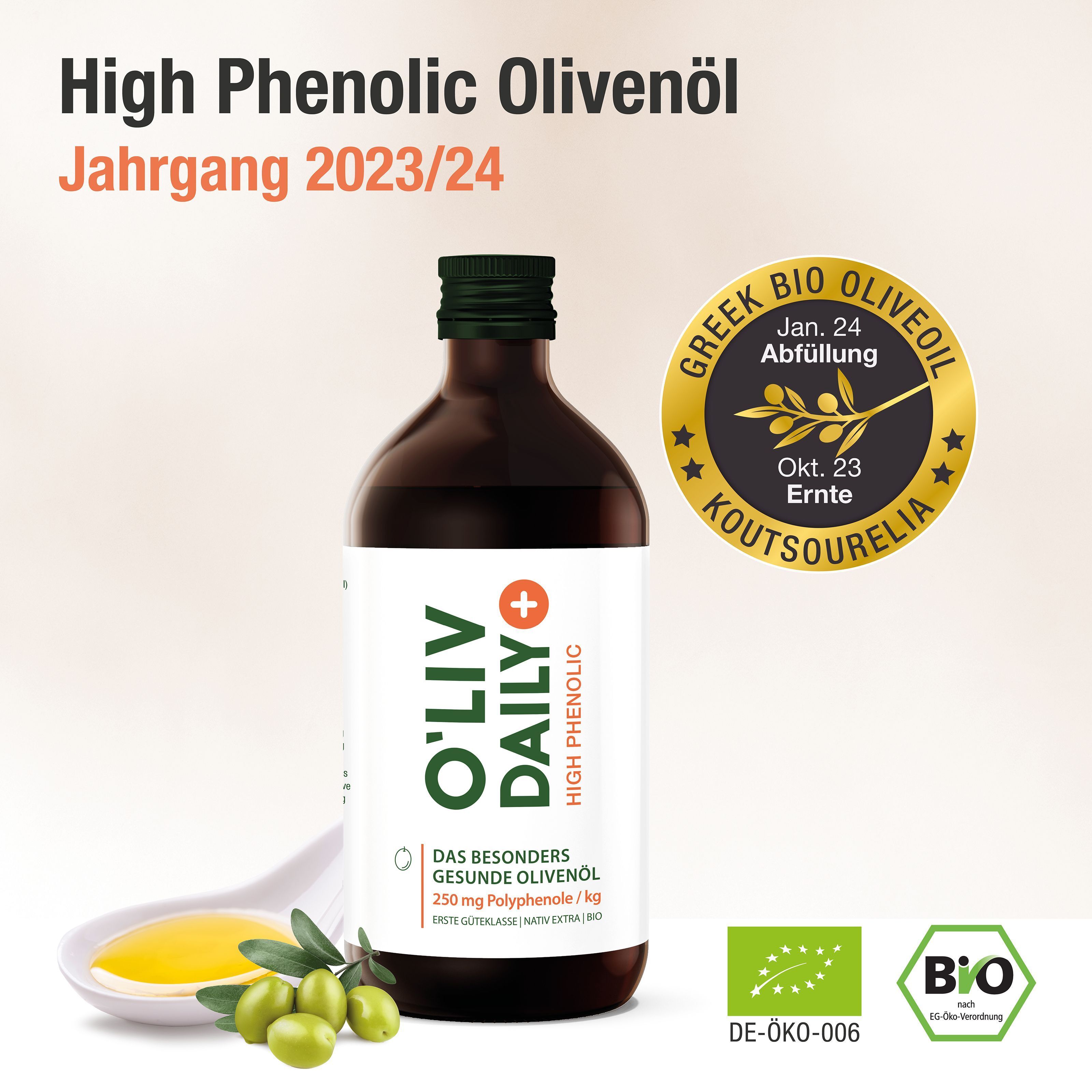 O'Liv Daily High Phenolic Olivenöl. Braune Flasche, grüne Kappe, weißes Etikett. Jahrgang 2023/24. Bio-Zertifizierung.