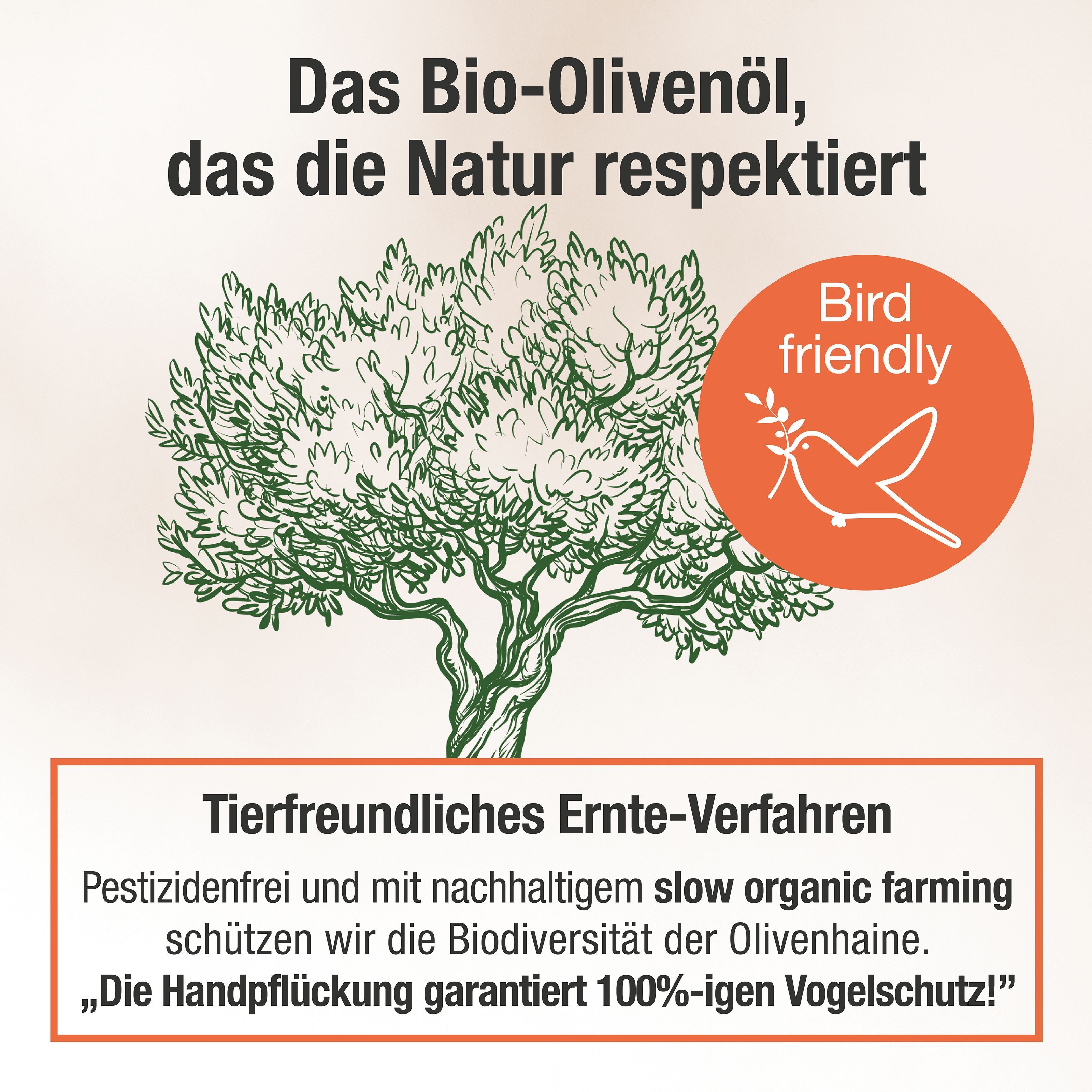 Baum mit Oliven. Text: Tierfreundliches Ernte-Verfahren. Pestizidfrei, nachhaltiges slow organic farming. Bird friendly.