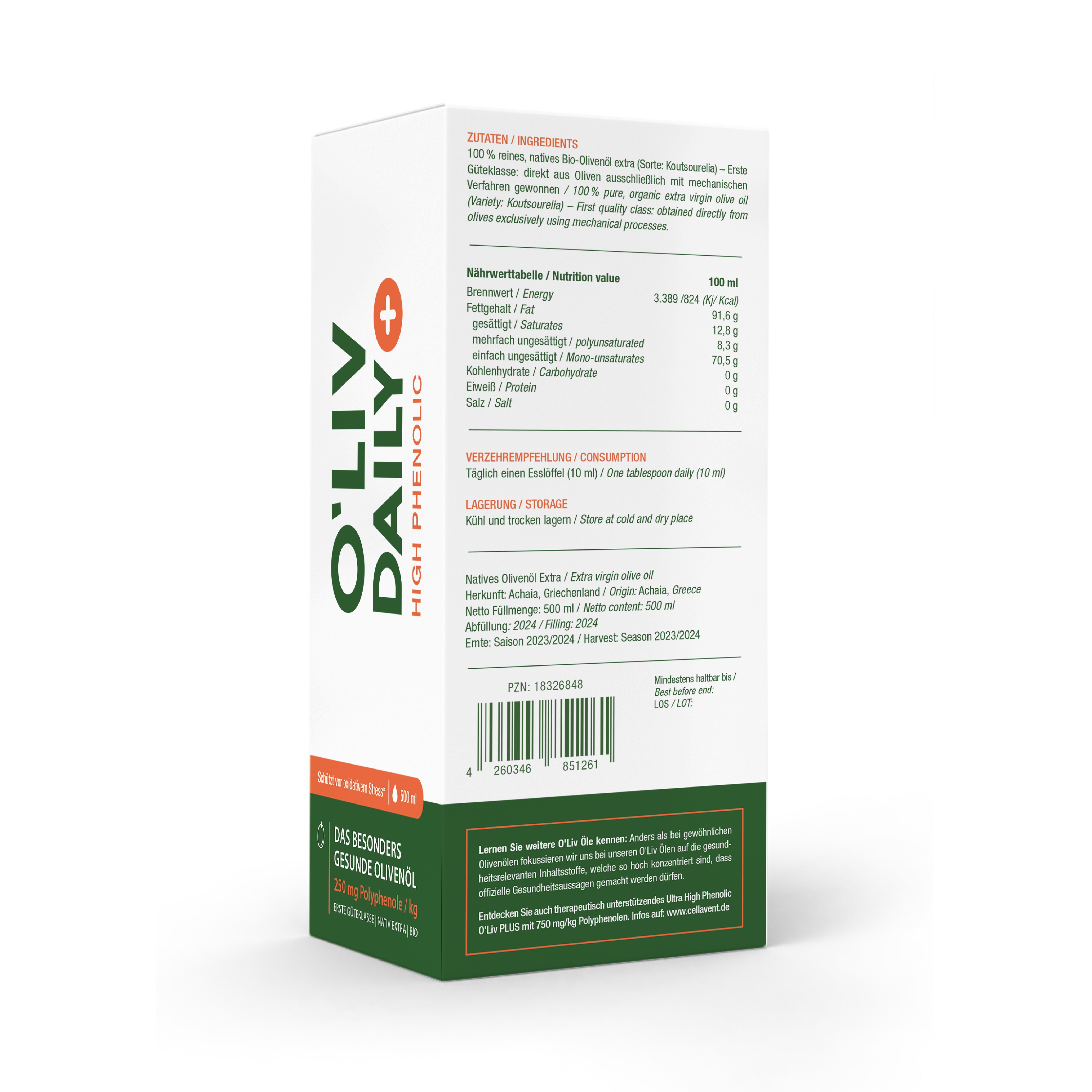Rückseite der O'Liv Daily High Phenolic Olivenöl-Flasche. Nährwertangaben, Zutaten, Lagerung, Chargennummer.