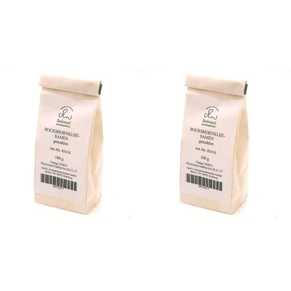 Zwei Beutel BOCKSHORNKLEE-SAMEN gemahlen. Beige Stoffbeutel mit Aufdruck und Barcode. Aufschrift: Redwood, Art.-Nr. 85406, 100 g.