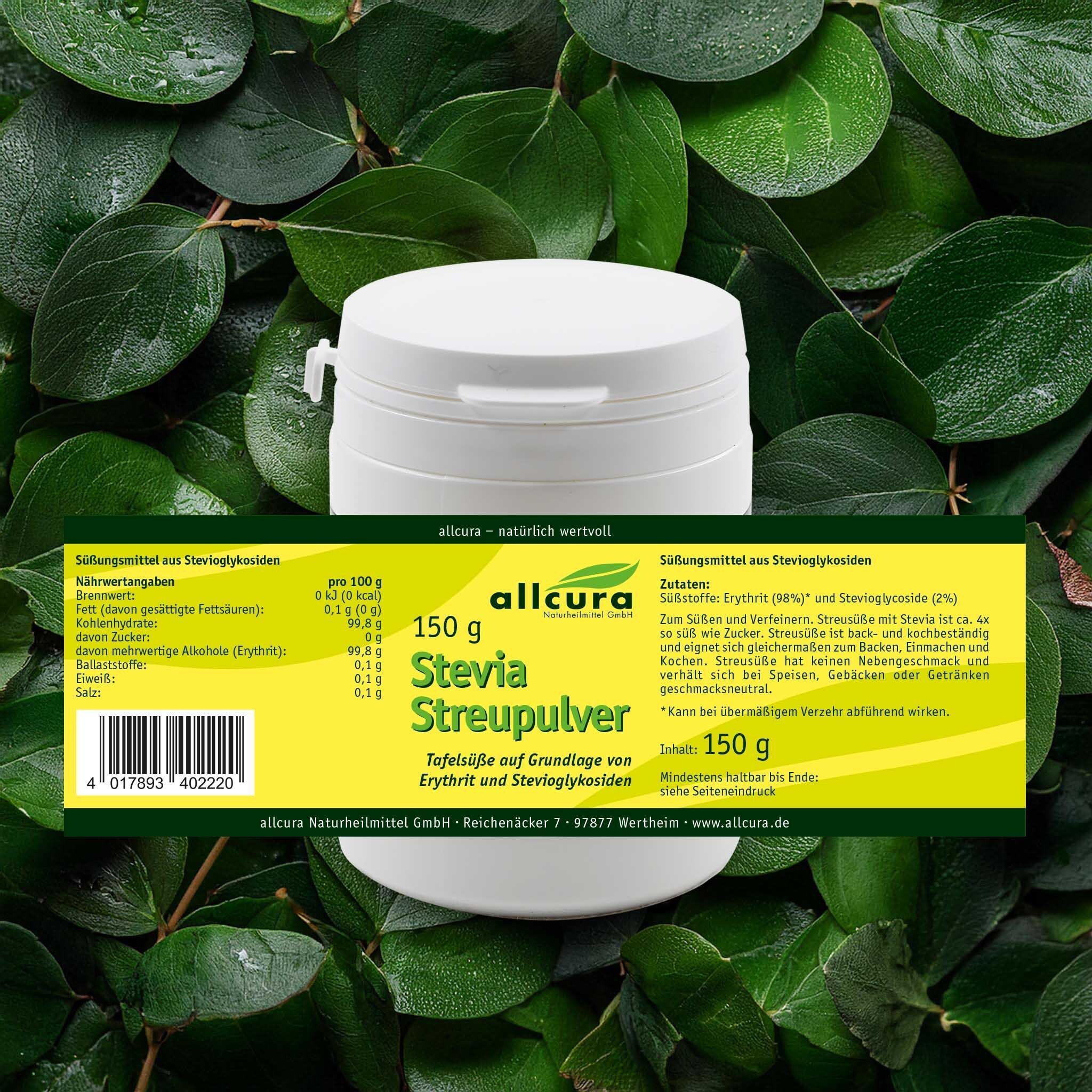 Weiße Dose mit Deckel, gelbes Etikett. Aufschrift: allcura, Stevia Streupulver, 150 g. Detailansicht des Etiketts. Grüner Blätterhintergrund.