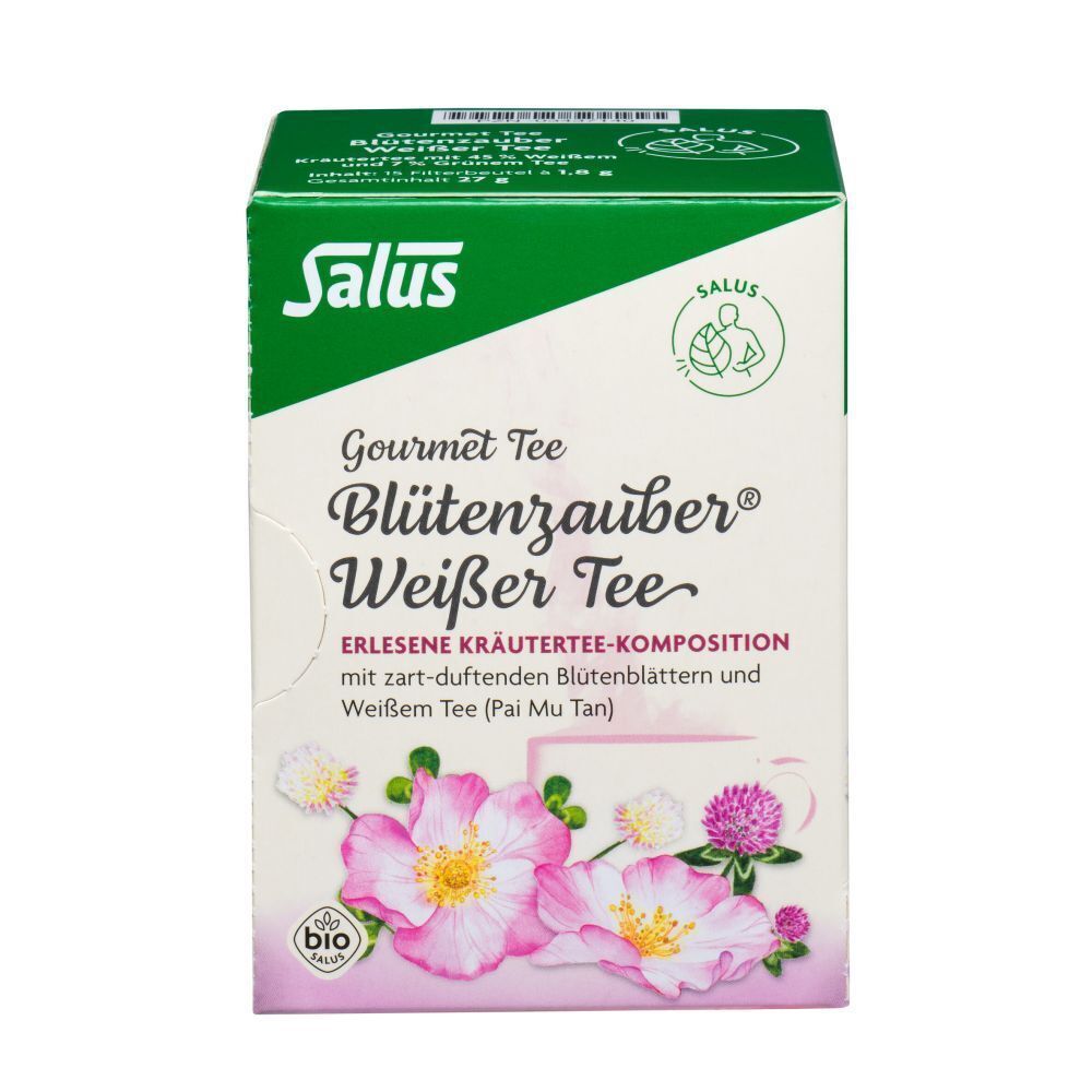 Tee-Verpackung. Aufschrift: Blutenzauber Weisser Tee. Bio-Siegel. Grün-weiße Verpackung mit Blumenmotiv.