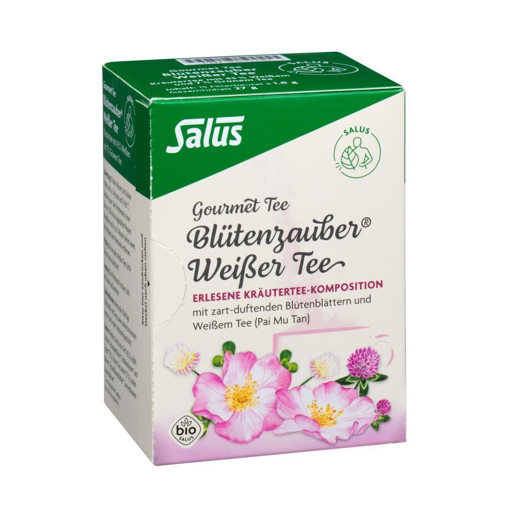 Tee-Verpackung. Aufschrift: Blutenzauber Weisser Tee. Bio-Siegel. Grün-weiße Verpackung mit Blumenmotiv.
