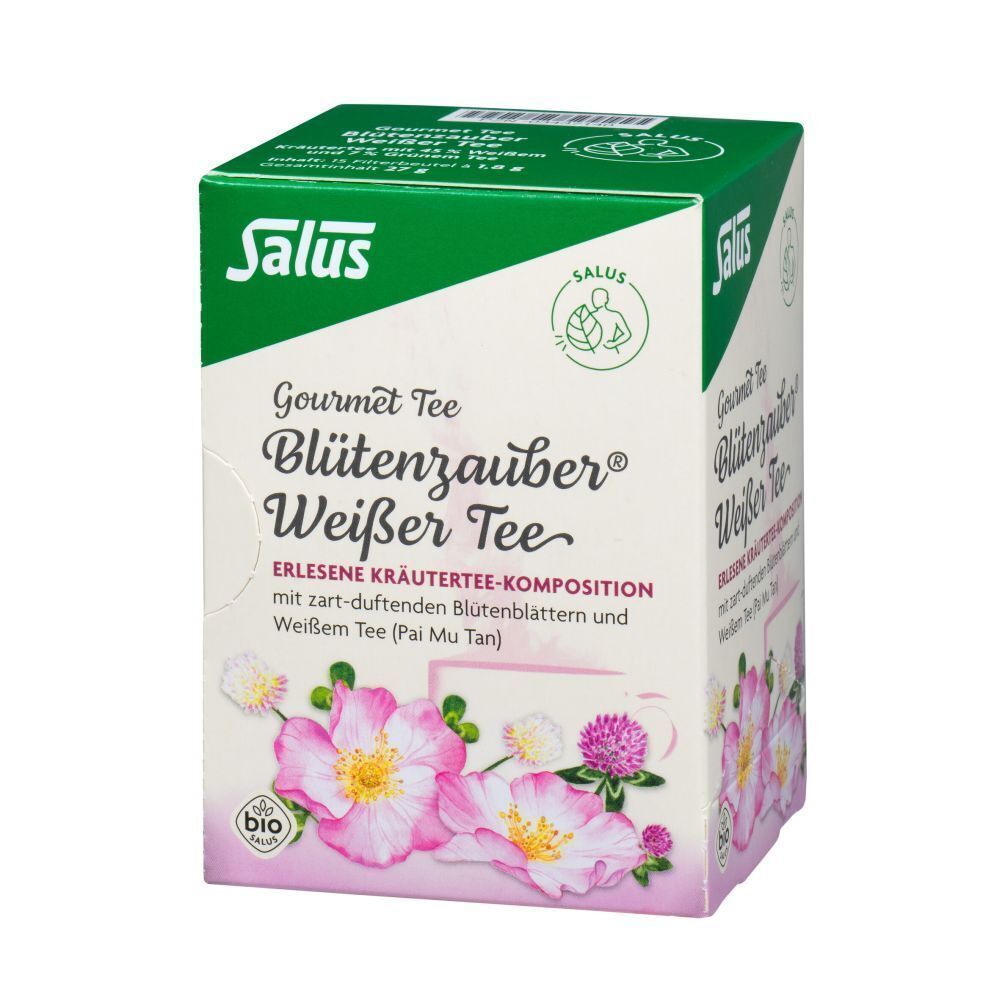 Tee-Verpackung. Aufschrift: Blutenzauber Weisser Tee. Bio-Siegel. Grün-weiße Verpackung mit Blumenmotiv.