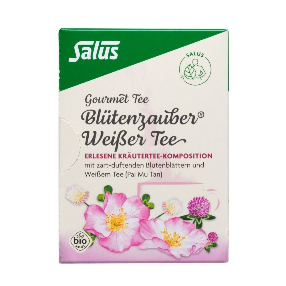 Tee-Verpackung. Aufschrift: Blutenzauber Weisser Tee. Bio-Siegel. Grün-weiße Verpackung mit Blumenmotiv.