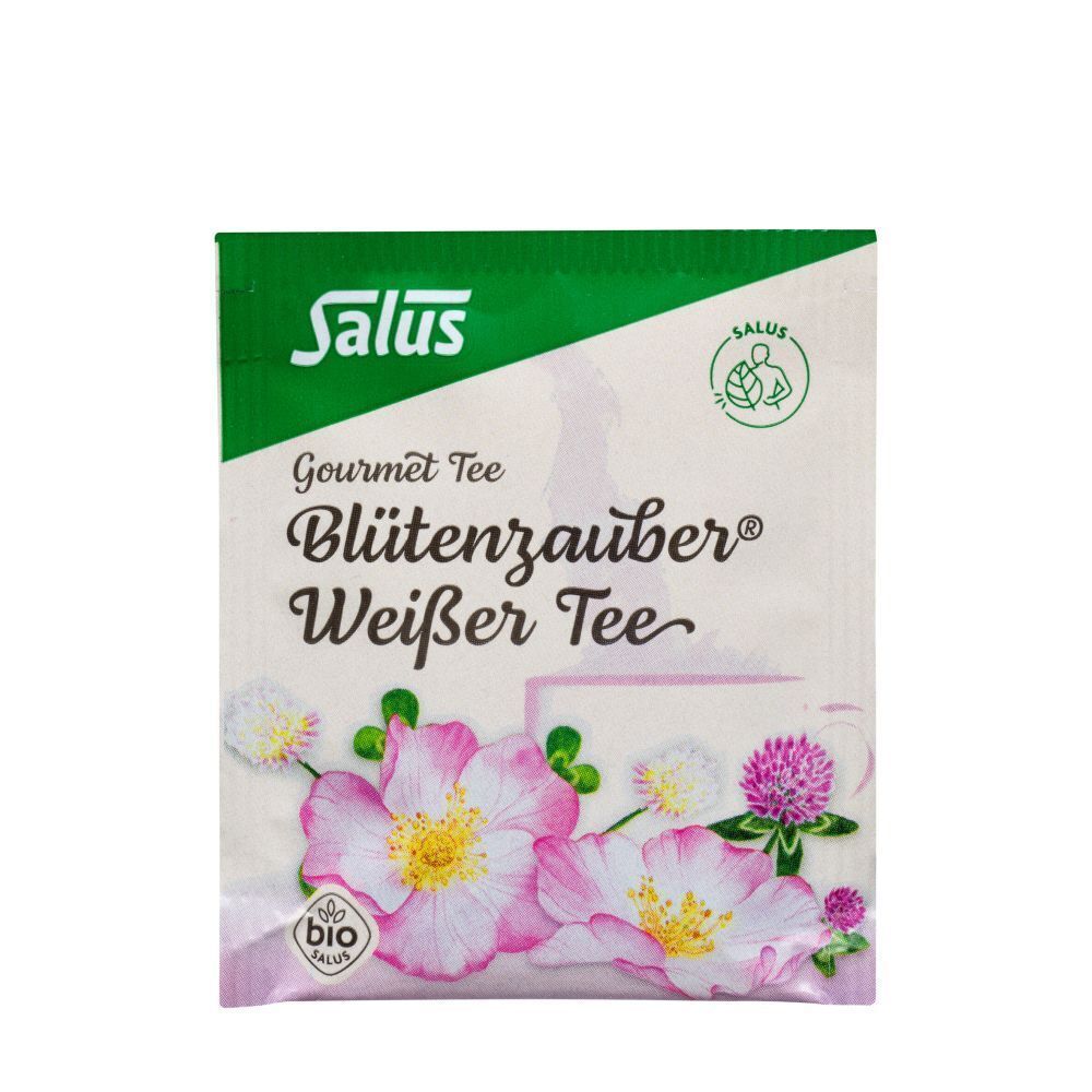 Tee-Verpackung. Aufschrift: Blutenzauber Weisser Tee. Bio-Siegel. Grün-weiße Verpackung mit Blumenmotiv.