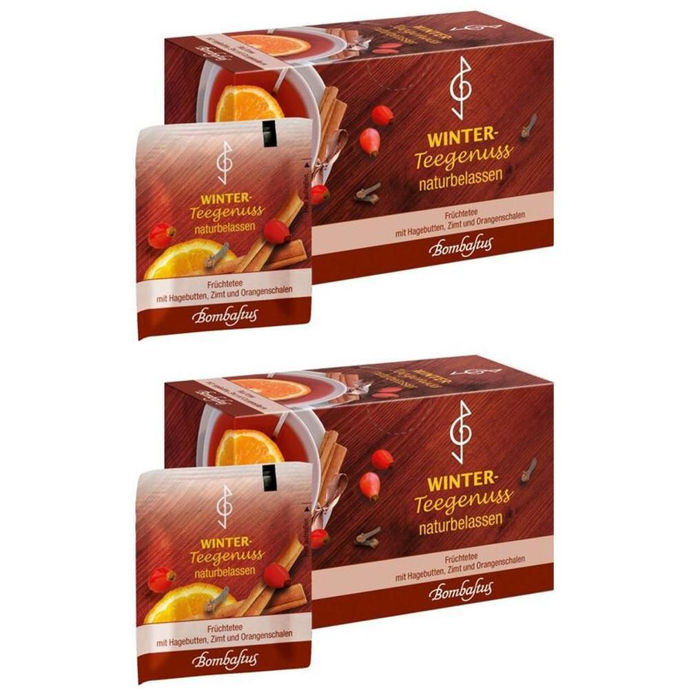 Zwei Packungen Teebeutel. Aufdruck: WINTER-Teeegenuss naturbeassen. Abbildung von Tee mit Orange und Zimt. Marke: Bombastus.