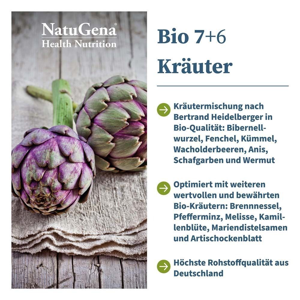 Artischocken und Text mit Informationen zu Kräutermischung. Marke: NatuGena. Text: Bio 7+6 Kräuter.