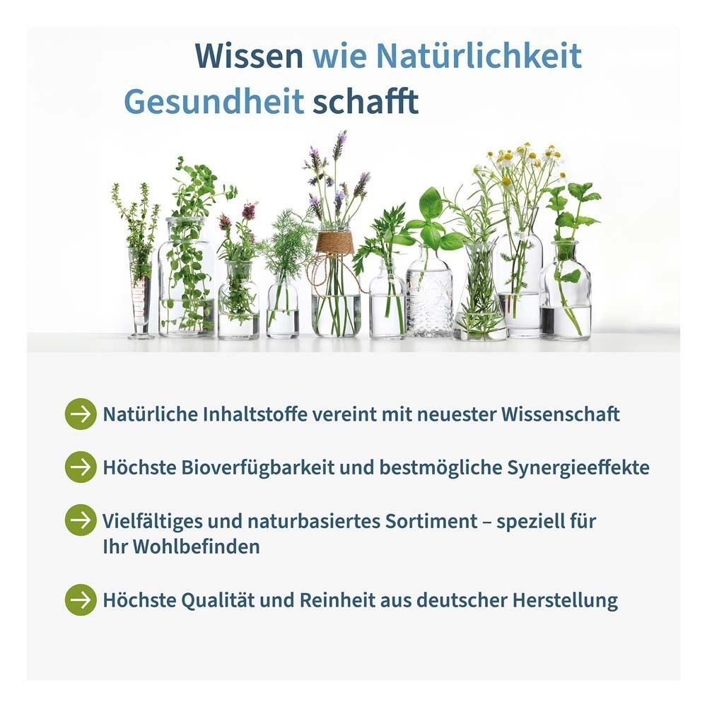 Glasvasen mit Kräutern. Text: Wissen wie Natürlichkeit Gesundheit schafft. Text mit Pfeilen.