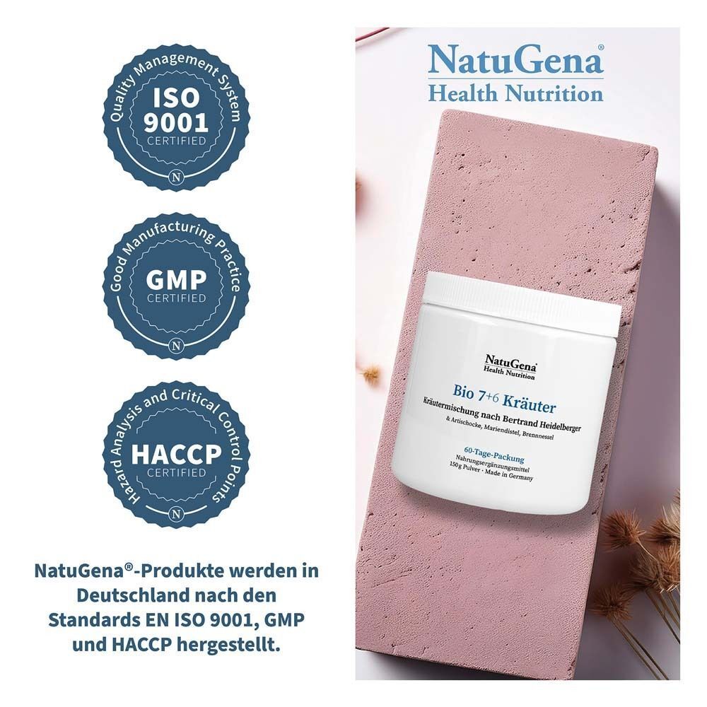 Produkt auf rosa Untergrund. Zertifizierungen: ISO 9001, GMP, HACCP. Text: NatuGena-Produkte werden in Deutschland hergestellt.