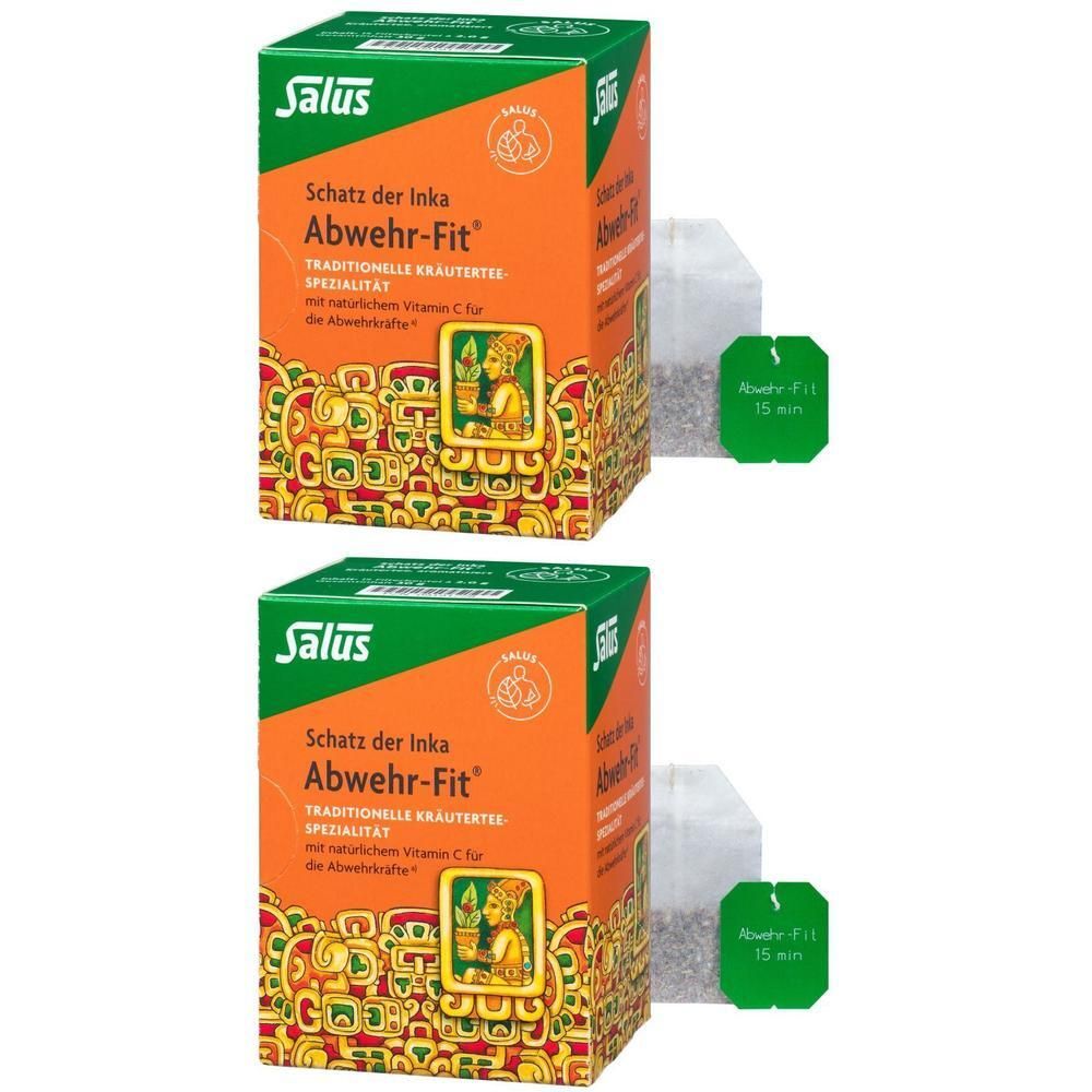 Zwei Kartons ABWEHR FIT Tee Salus Filterbeutel. Beide zeigen Produktnamen und Logo. Daneben je ein Teebeutel mit grünem Etikett.