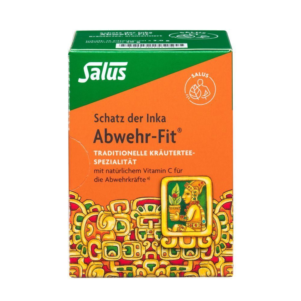 ABWEHR FIT Tee Salus Karton. Orange-grüne Verpackung mit Produktnamen, Logo und Illustration. Text: Schatz der Inka, Kräuterspezialität.
