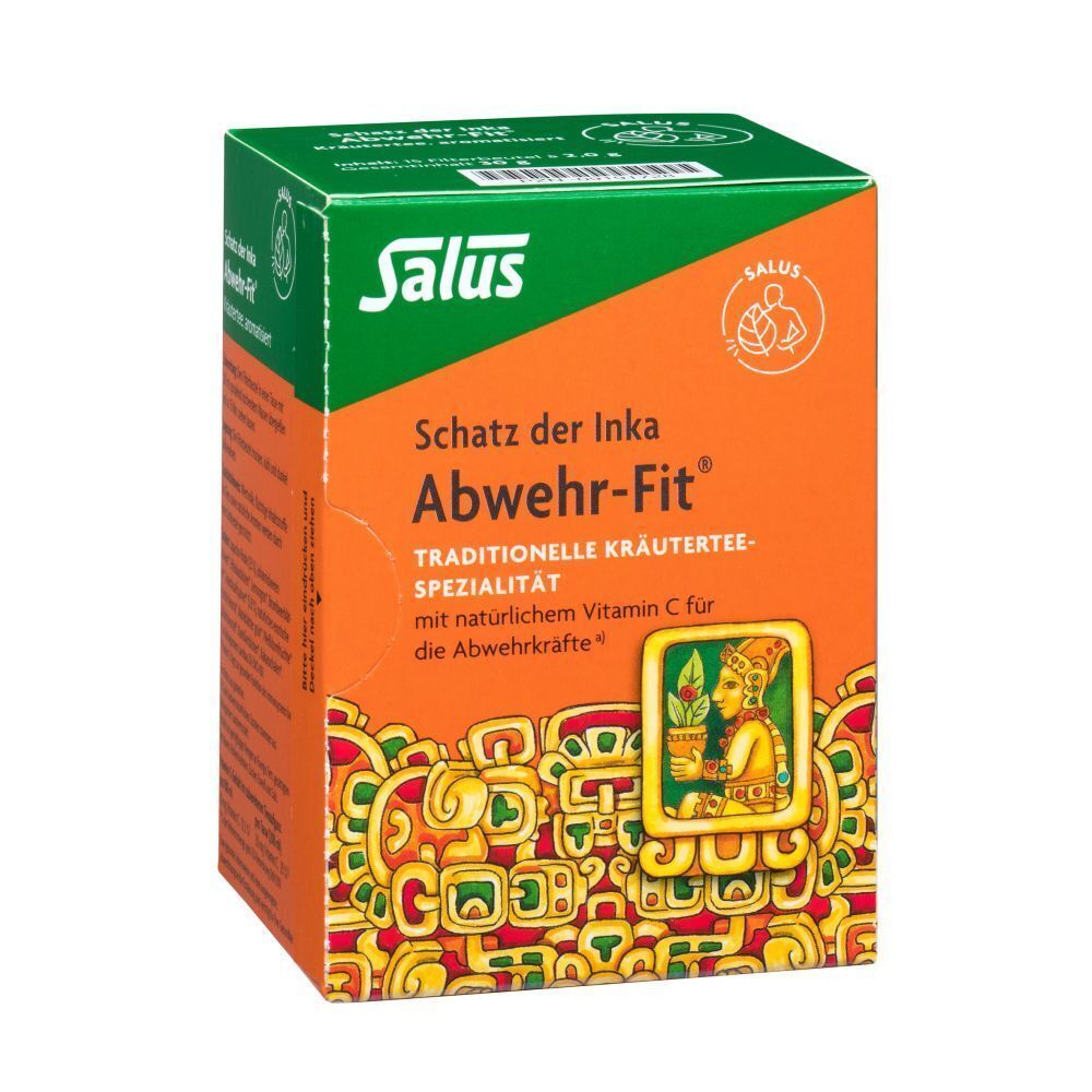 ABWEHR FIT Tee Salus Karton. Orange-grüne Verpackung mit Produktnamen, Logo und Illustration. Text: Schatz der Inka, Kräuterspezialität.
