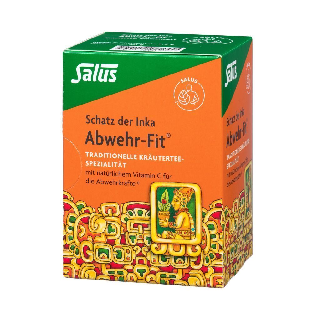 ABWEHR FIT Tee Salus Karton. Orange-grüne Verpackung mit Produktnamen, Logo und Illustration. Text: Schatz der Inka, Kräuterspezialität.