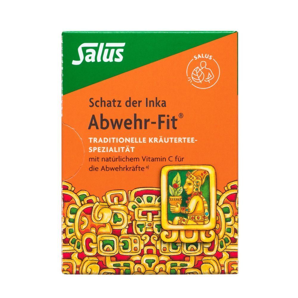 ABWEHR FIT Tee Salus Karton. Orange-grüne Verpackung mit Produktnamen, Logo und Illustration. Text: Schatz der Inka, Kräuterspezialität.