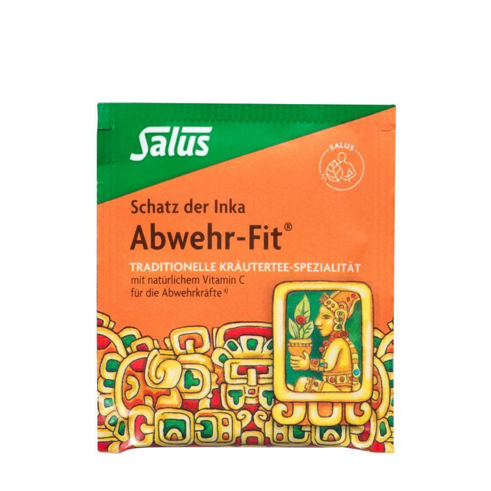 ABWEHR FIT Tee Salus Einzelpackung. Orange-grüne Verpackung mit Produktnamen, Logo und Illustration. Text: Schatz der Inka, Kräuterspezialität.