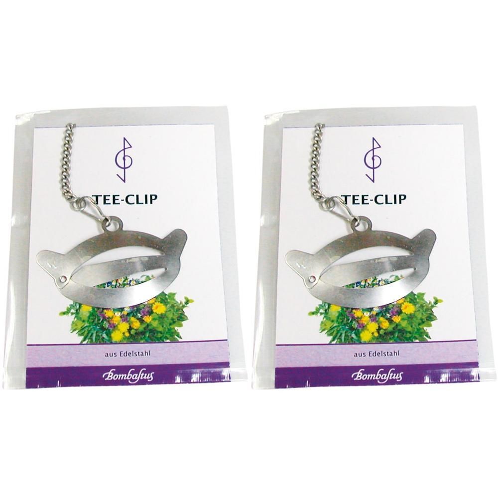 Zwei Tee-Clips aus Edelstahl. Jeder Clip hat eine ovale Form mit Kette und ist auf einer Karte verpackt. Aufschrift: TEE-CLIP, Bombastus.