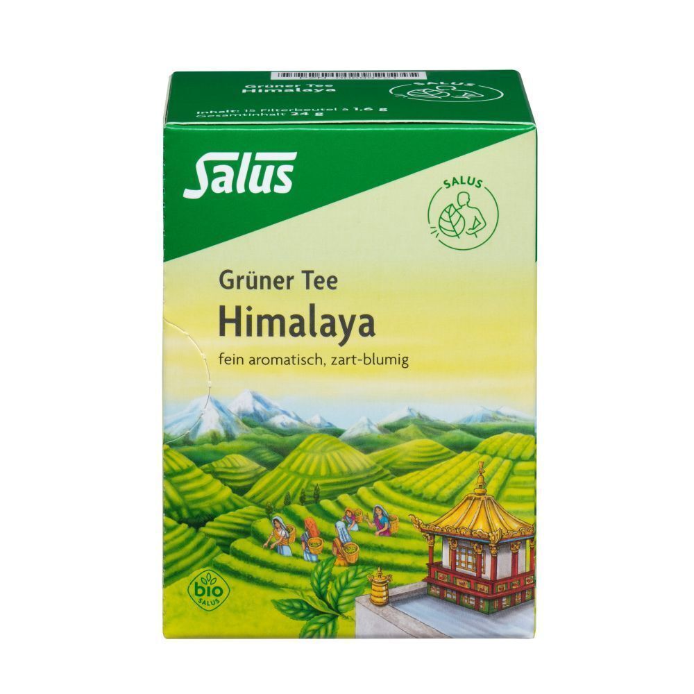GRUENER TEE HIMALAYA SALUS Bio-Verpackung. Grün-gelb mit Landschaftsdarstellung und Bio-Siegel.