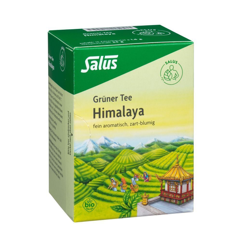 GRUENER TEE HIMALAYA SALUS Bio-Verpackung. Grün-gelb mit Landschaftsdarstellung und Bio-Siegel.