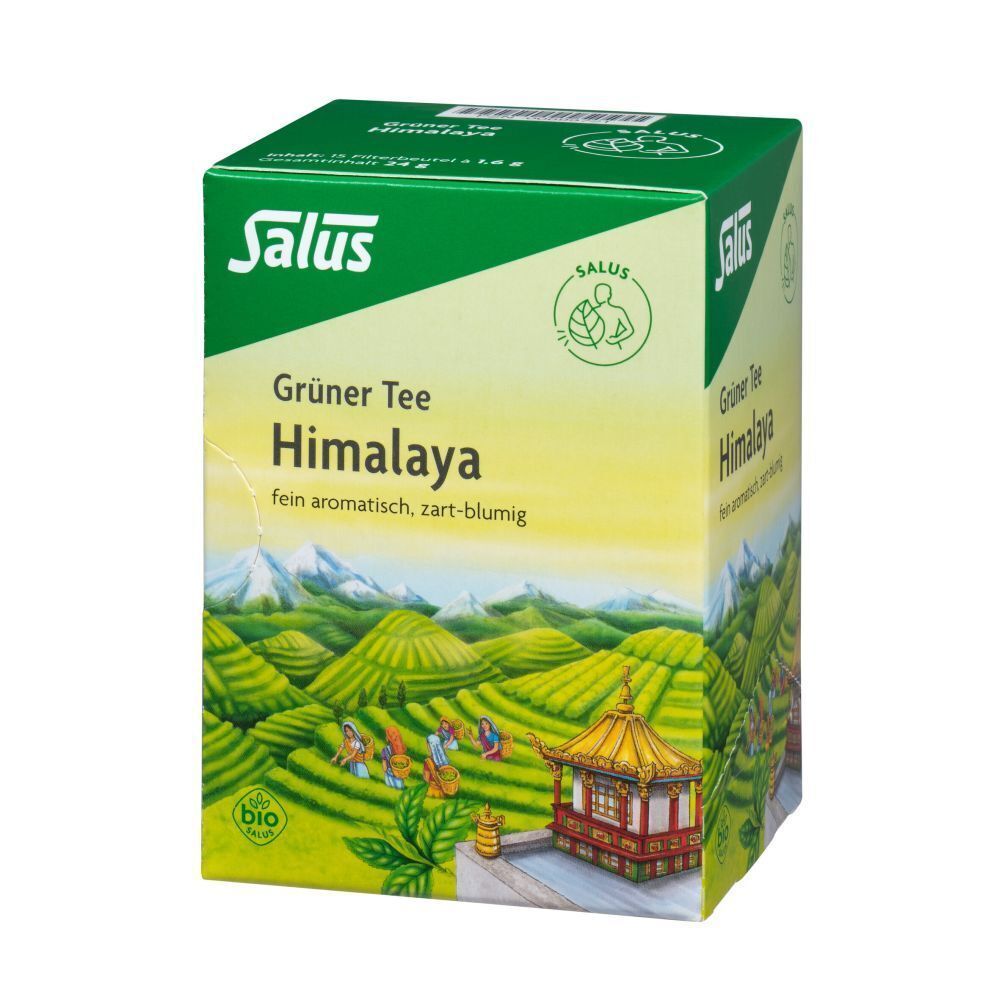 GRUENER TEE HIMALAYA SALUS Bio-Verpackung. Grün-gelb mit Landschaftsdarstellung und Bio-Siegel.