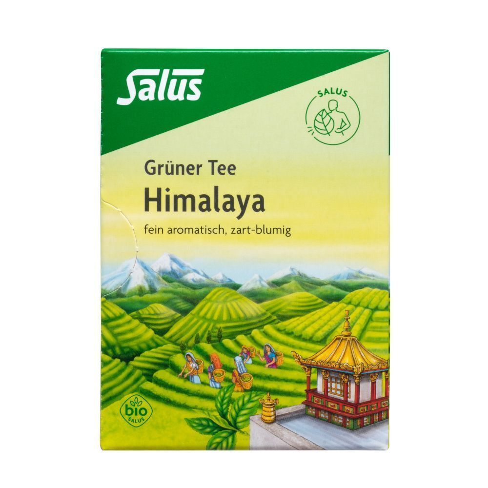 GRUENER TEE HIMALAYA SALUS Bio-Verpackung. Grün-gelb mit Landschaftsdarstellung und Bio-Siegel.