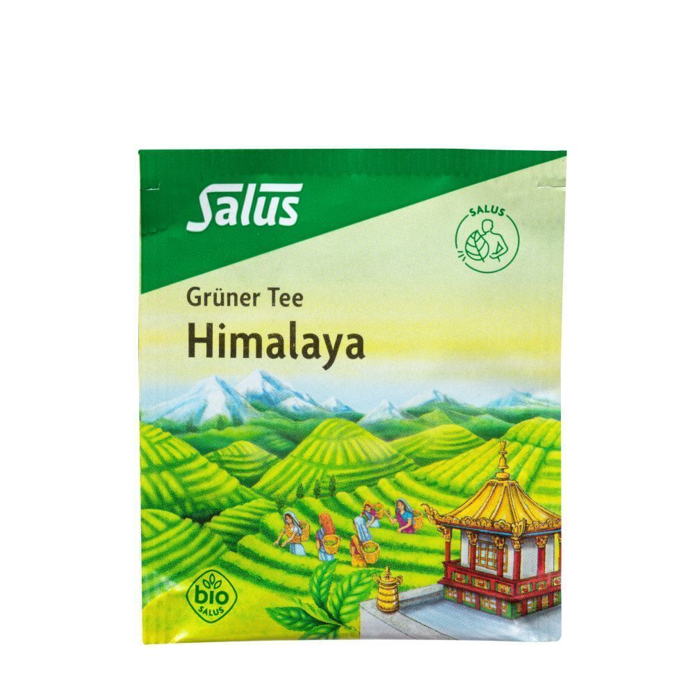 GRUENER TEE HIMALAYA SALUS Bio-Verpackung. Grün-gelb mit Landschaftsdarstellung und Bio-Siegel.