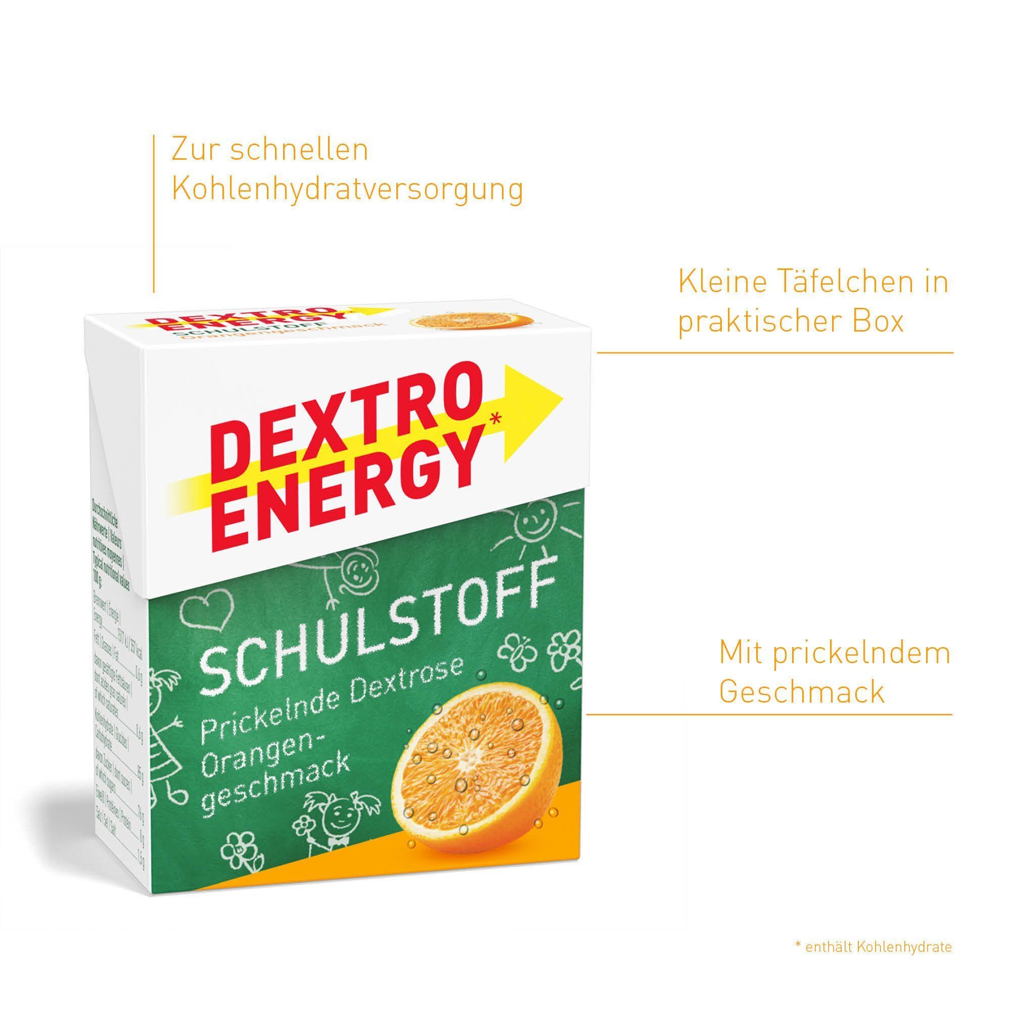 DEXTRO ENERGY Schulstoff Orange Täfelchen. Weiße Verpackung mit Logo, Produktname, Orangenabbildung und Text. Nahaufnahme.