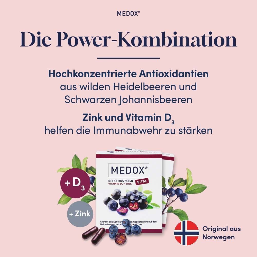 MEDOX Vital Kapseln und Illustrationen. Text: Hochkonzentrierte Antioxidantien aus Blaubeeren und Johannisbeeren. Zink und Vitamin D3.