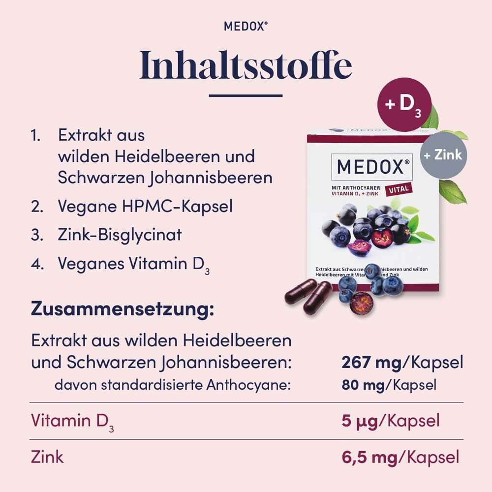 Inhaltsstoffe: Extrakt aus Blaubeeren und Johannisbeeren, vegane Kapsel, Zink-Bisglycinat, veganes Vitamin D3. Nährwertangaben.