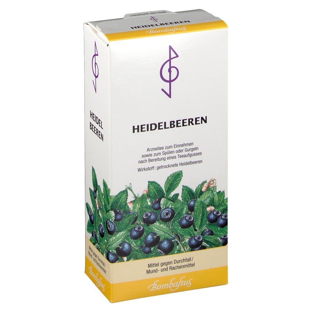 Eine Packung Bombastus Heidelbeeren Tee mit Abbildung von Blaubeersträuchern.