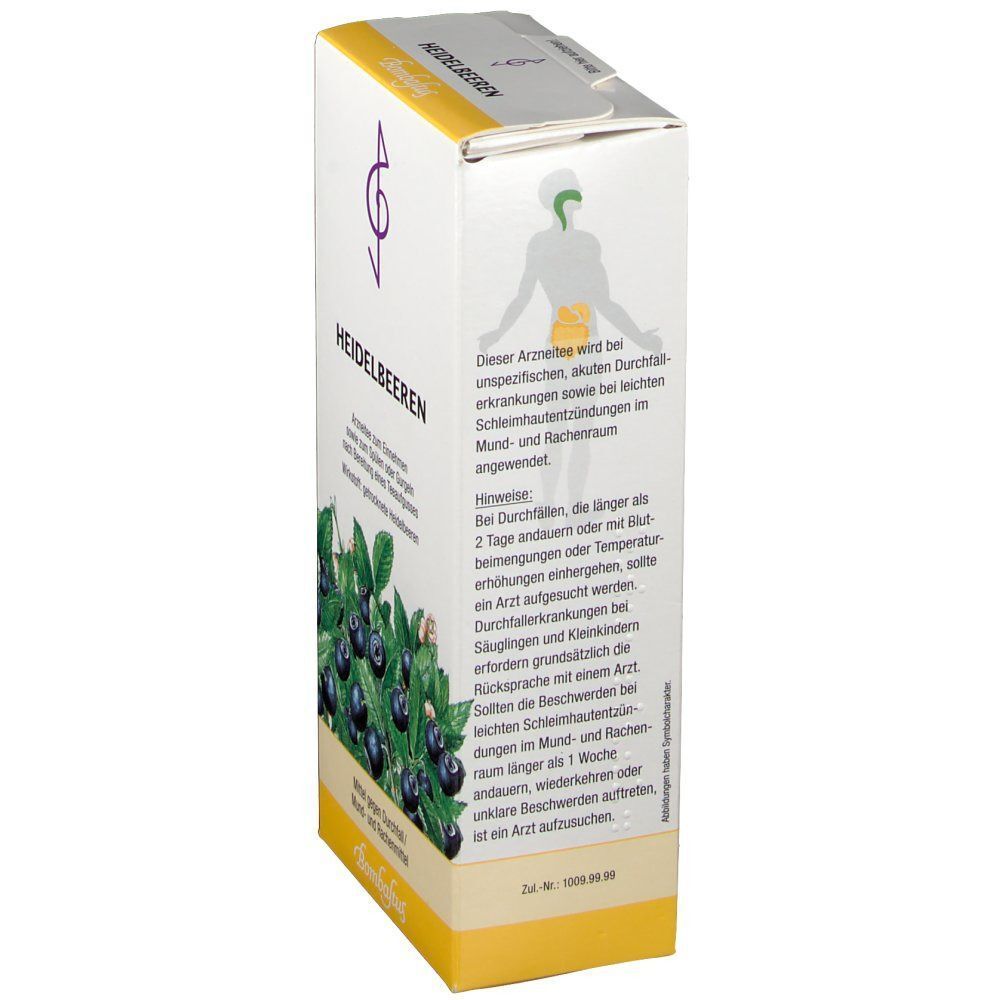 Rückseite einer Packung Bombastus Heidelbeeren Tee mit Anwendungshinweisen und Blaubeerabbildung.