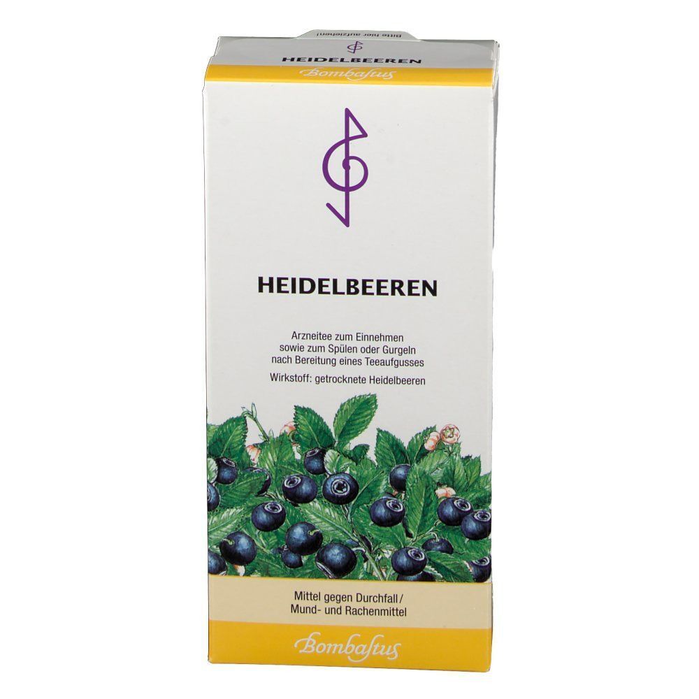 Vorderseite einer Packung Bombastus Heidelbeeren Tee mit Blaubeerabbildung.